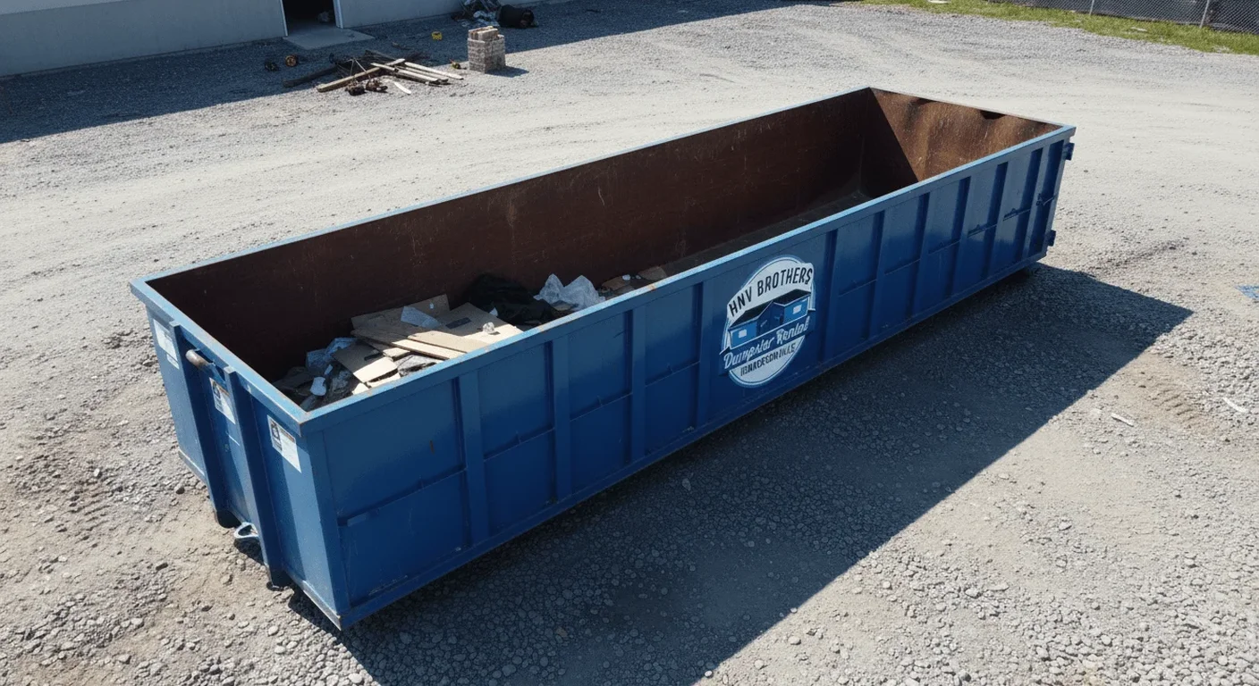 20 yard dumpster rental in Edneyville, NC A 20 yard HNV Brothers Dumpster Rental roll-off dumpster staged for a job in Edneyville, NC