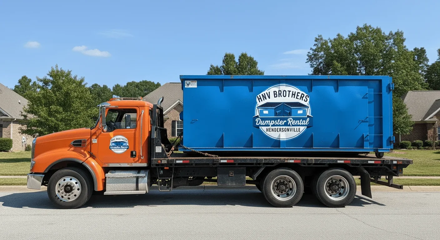 An HNV Brothers Dumpster Rental roll-off container, representative of the 40 yard size, loaded on an orange flatbed delivery truck