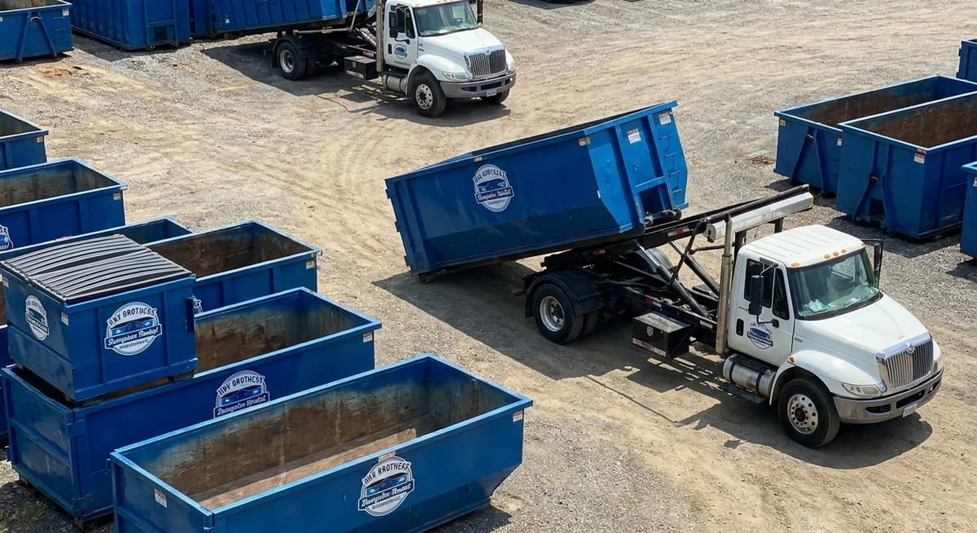 An aerial view of the HNV Brothers Dumpster Rental yard with rows of blue roll-off containers and delivery trucks staged for commercial jobs