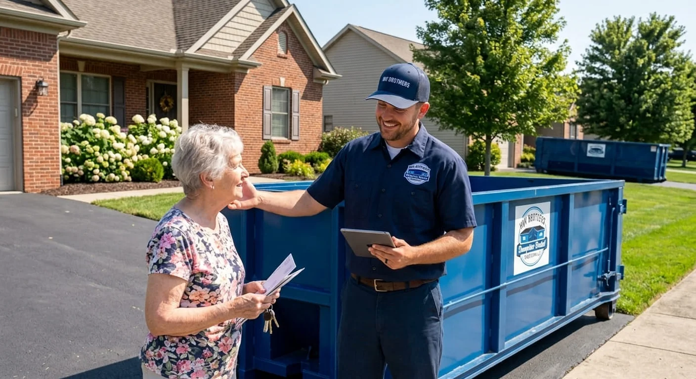 An HNV Brothers Dumpster Rental driver talking through delivery details with a homeowner beside a dumpster in a Hendersonville driveway
