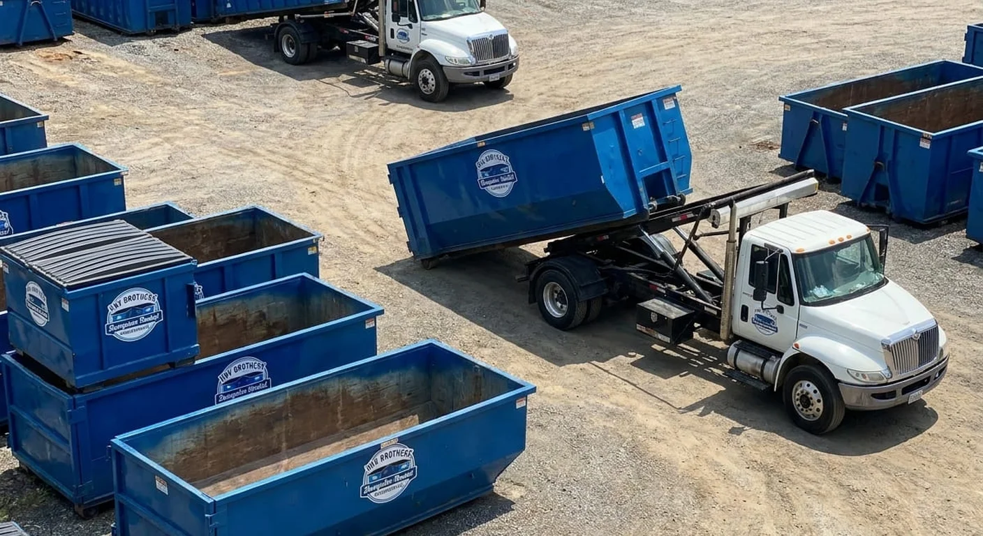 An aerial view of the HNV Brothers Dumpster Rental yard, with rows of roll-off containers and delivery trucks staged behind the fence