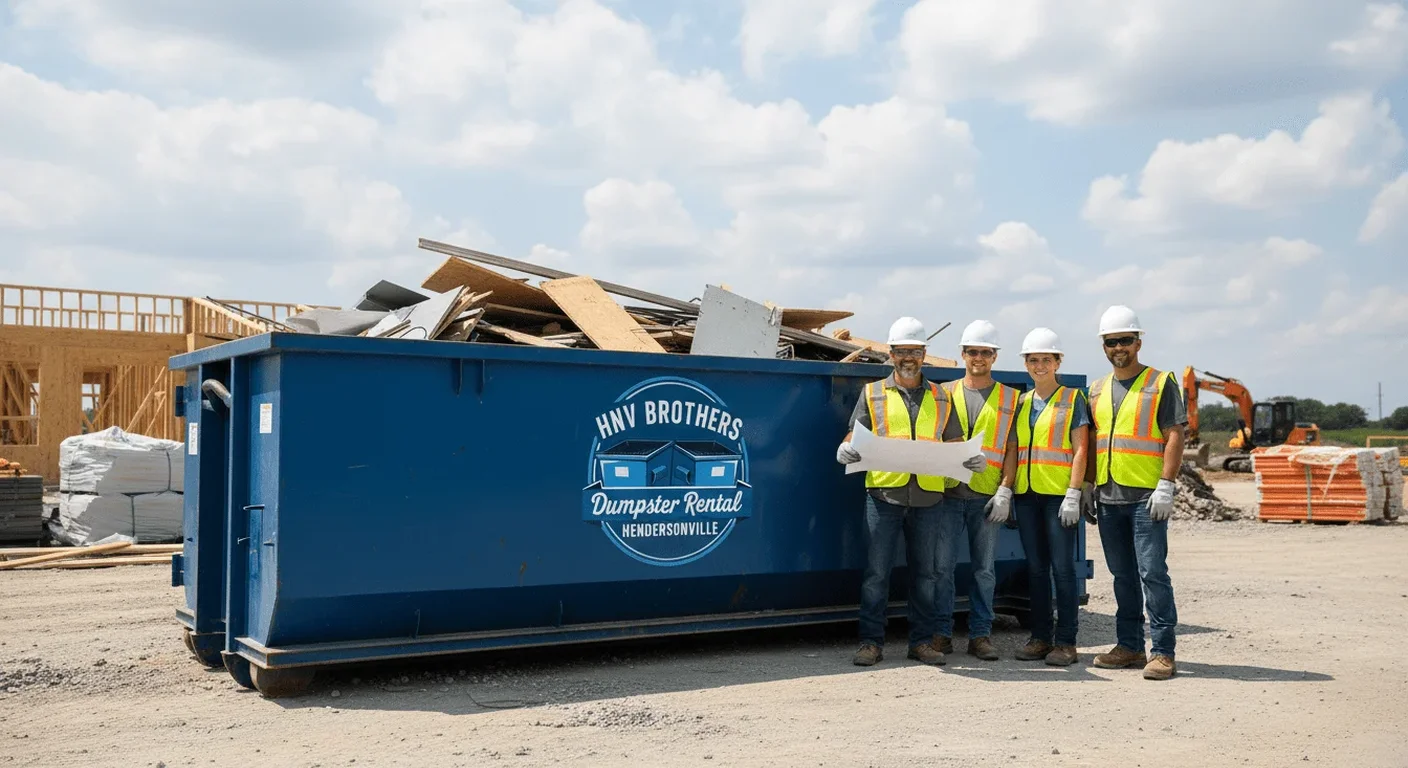 Four members of the HNV Brothers Dumpster Rental crew posing beside a loaded dumpster at a Hendersonville-area construction site