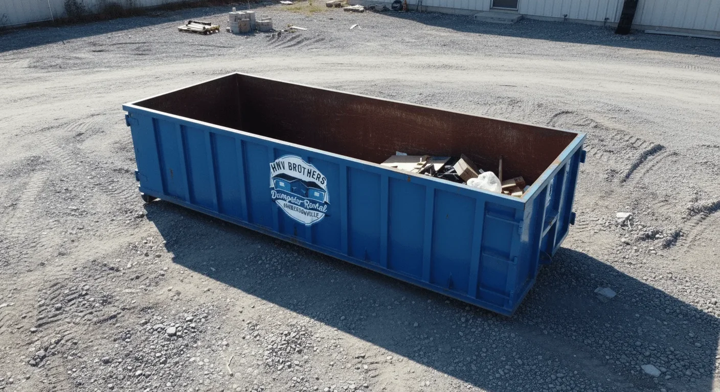 A loaded HNV Brothers Dumpster Rental dumpster staged and ready for a junk-removal job in Hendersonville