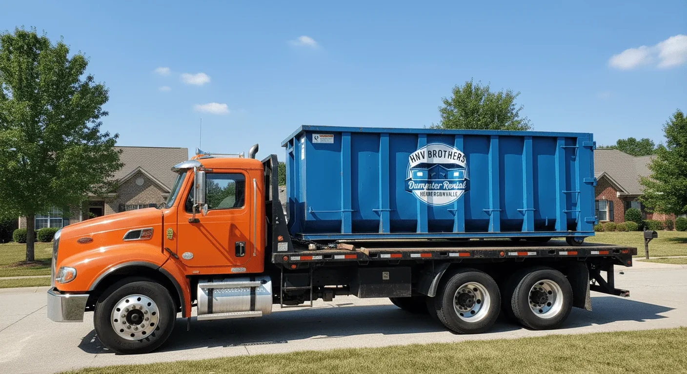 Roll-Off Dumpster Rental in Hendersonville, NC HNV Brothers Dumpster Rental roll-off dumpster loaded on an orange flatbed delivery truck, ready for drop-off in Hendersonville