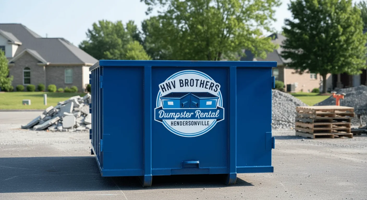 Yard Waste Dumpster Rental in Hendersonville, NC An HNV Brothers Dumpster Rental dumpster staged and ready for a yard-waste and seasonal cleanup in Hendersonville